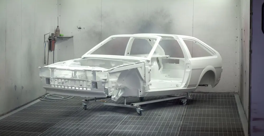 Car shell in a paint booth