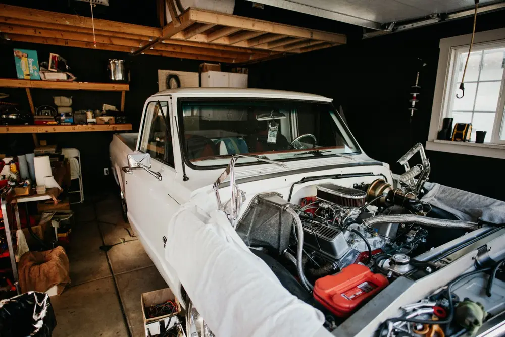 Classic pickup in a garage workshop