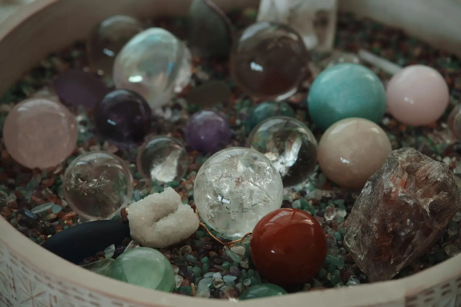 Bowl of colorful gemstone beads