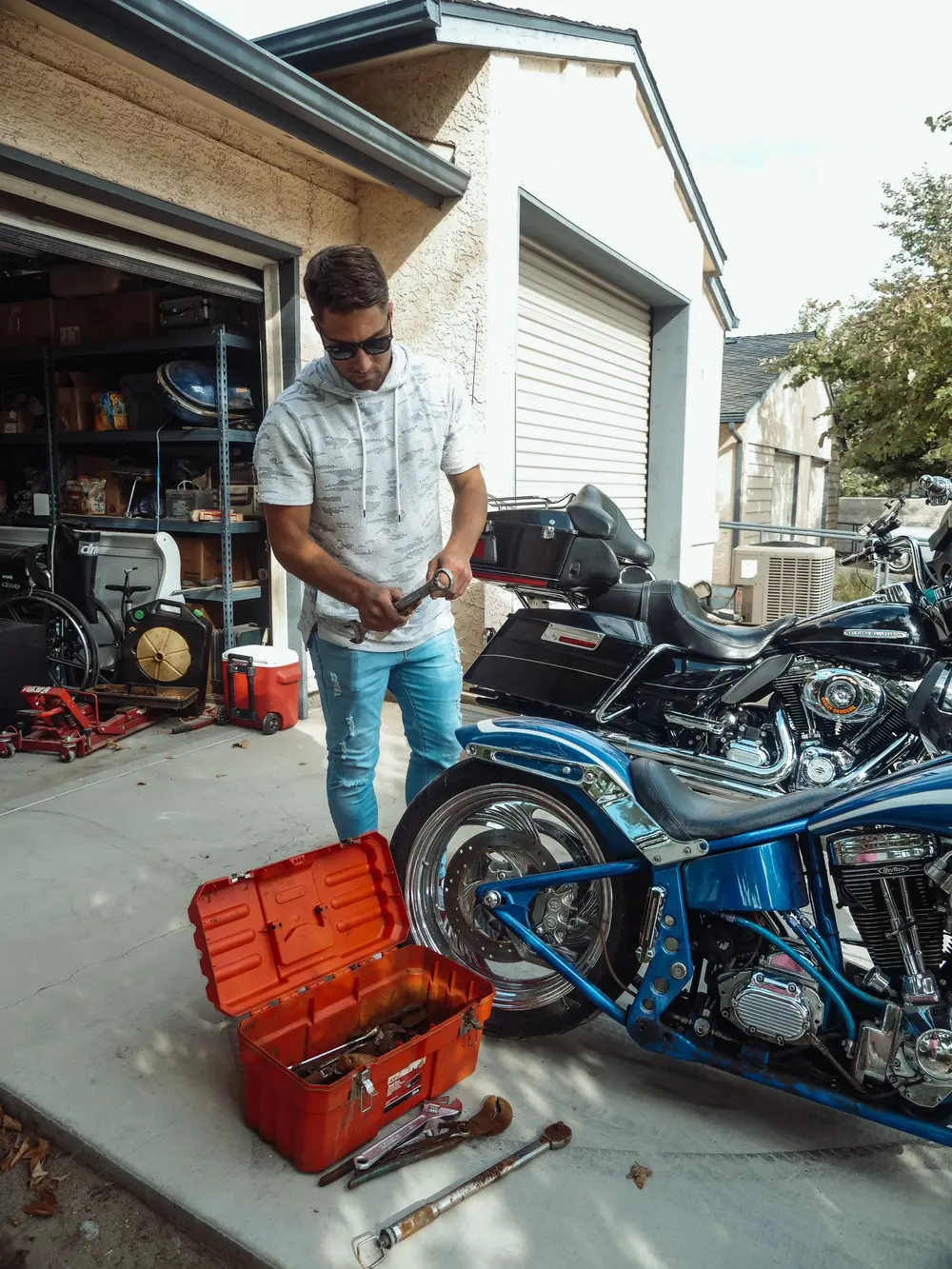 Motorcycle on a lift during a build