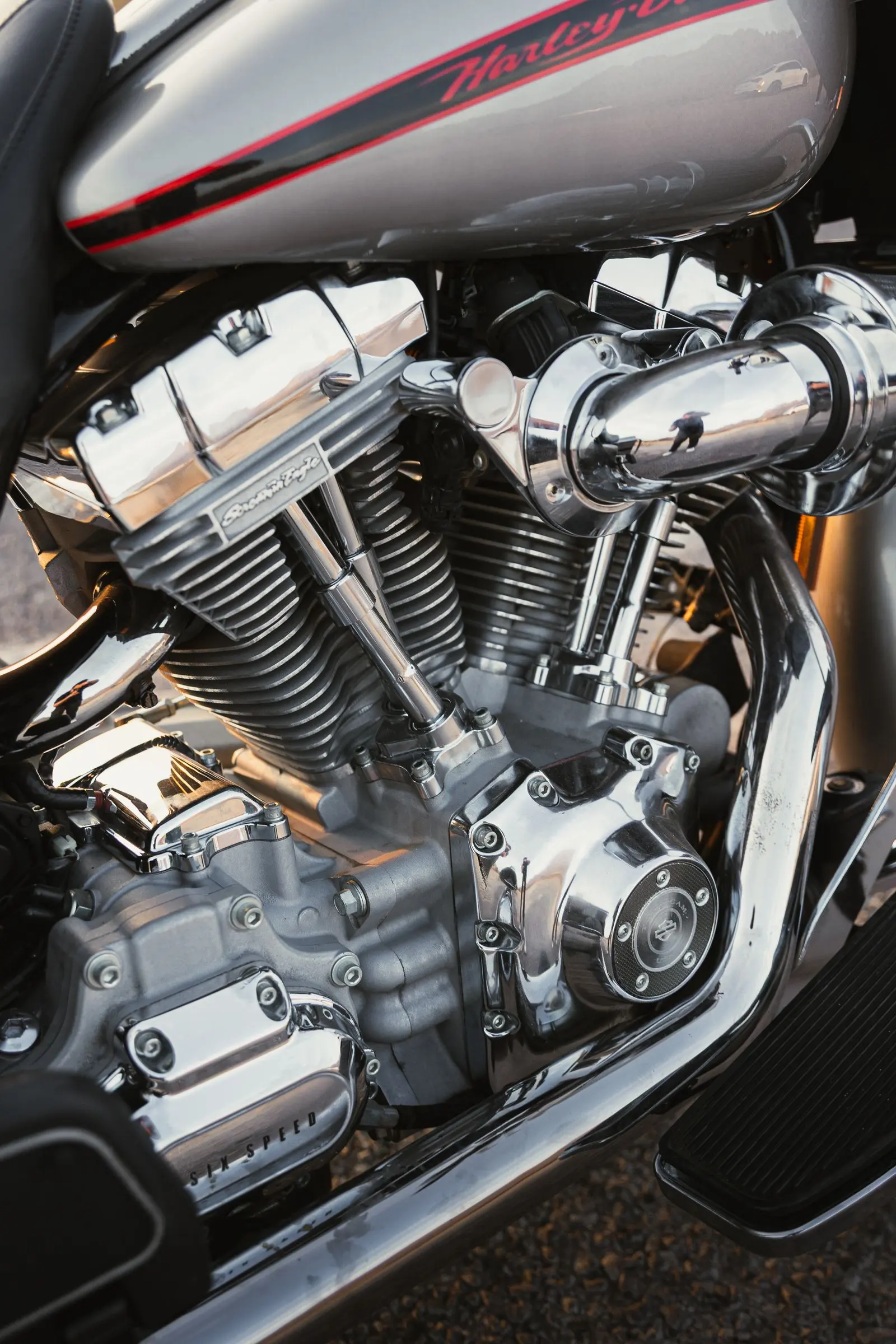 Chrome V-twin engine close-up