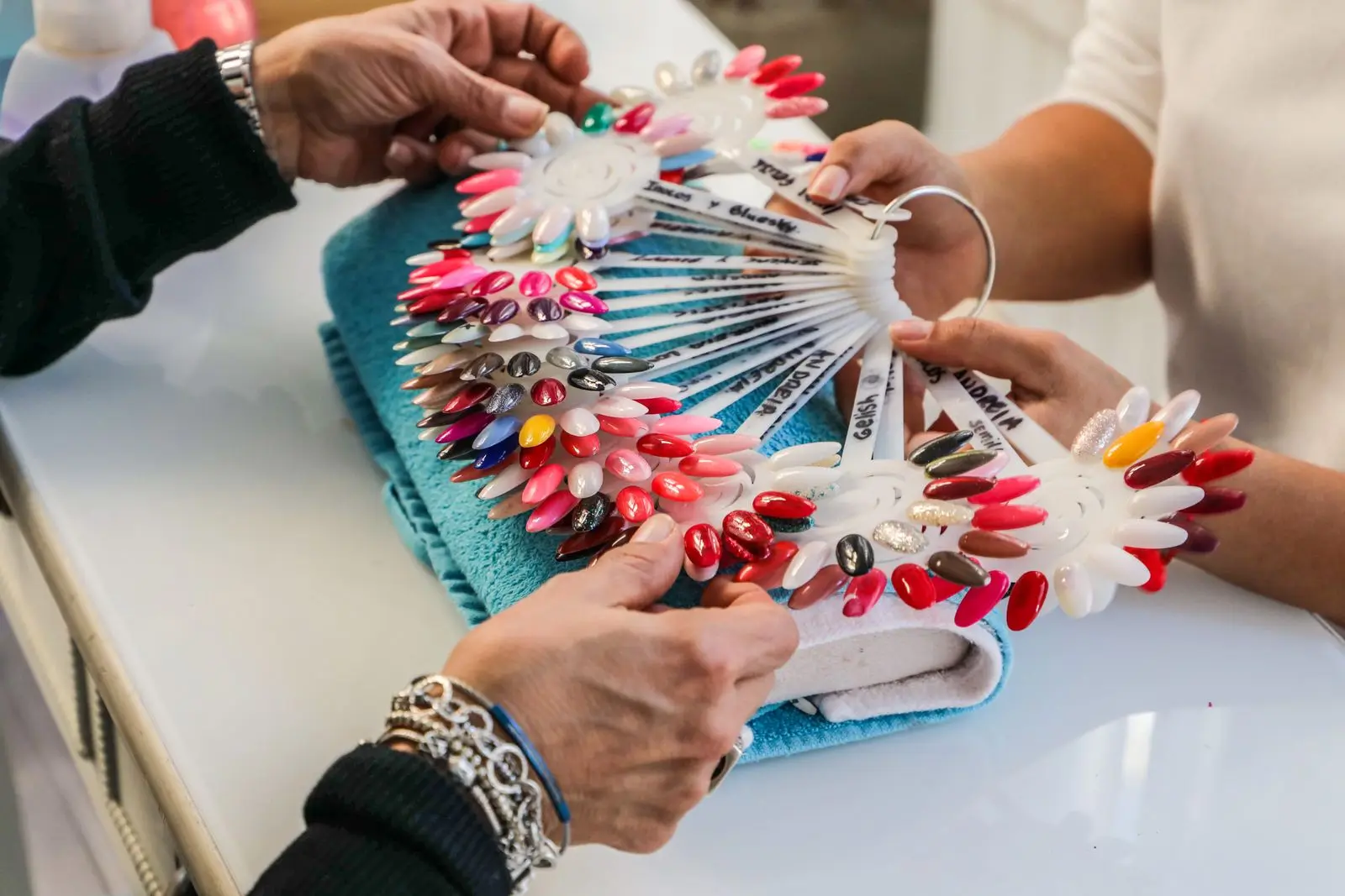 Nail color swatches in a salon