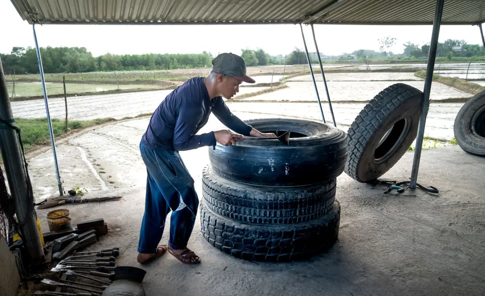 Tires stacked at a shop