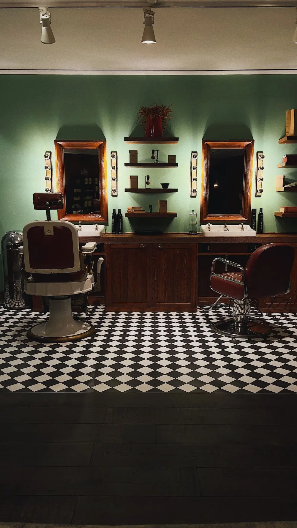 Barber shop interior with leather chairs